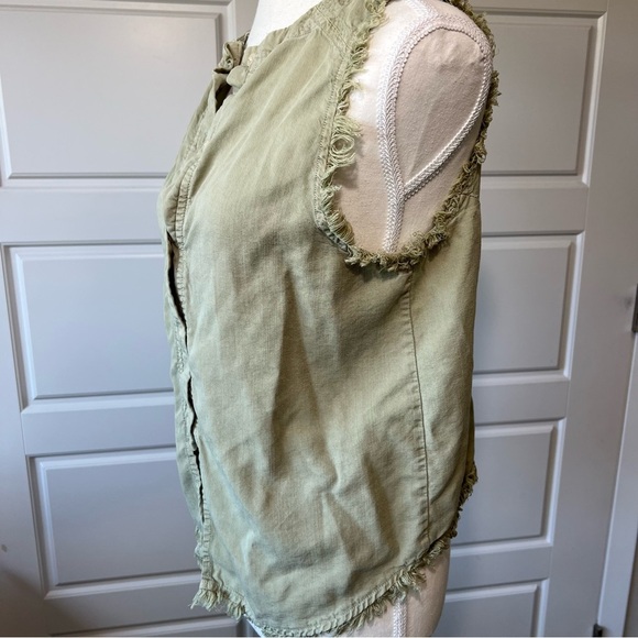 Frayed Sleeveless Open Belly Tank Button Down Olive Green Casual Top MD - Picture 2 of 4